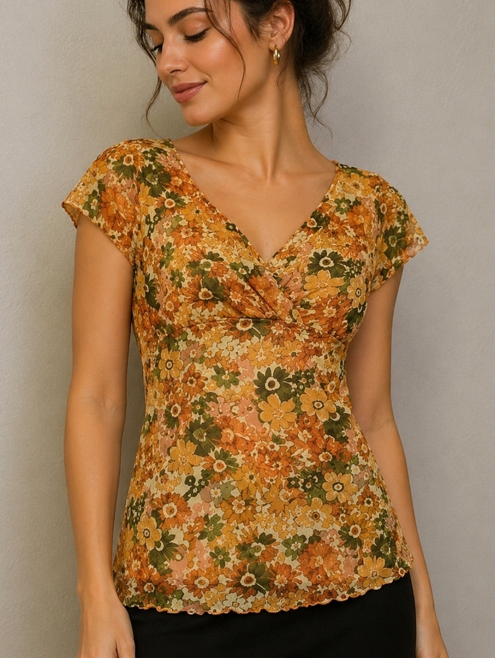 JH COLLECTIBLES Retro 1970s Orange Floral Mesh Blouse